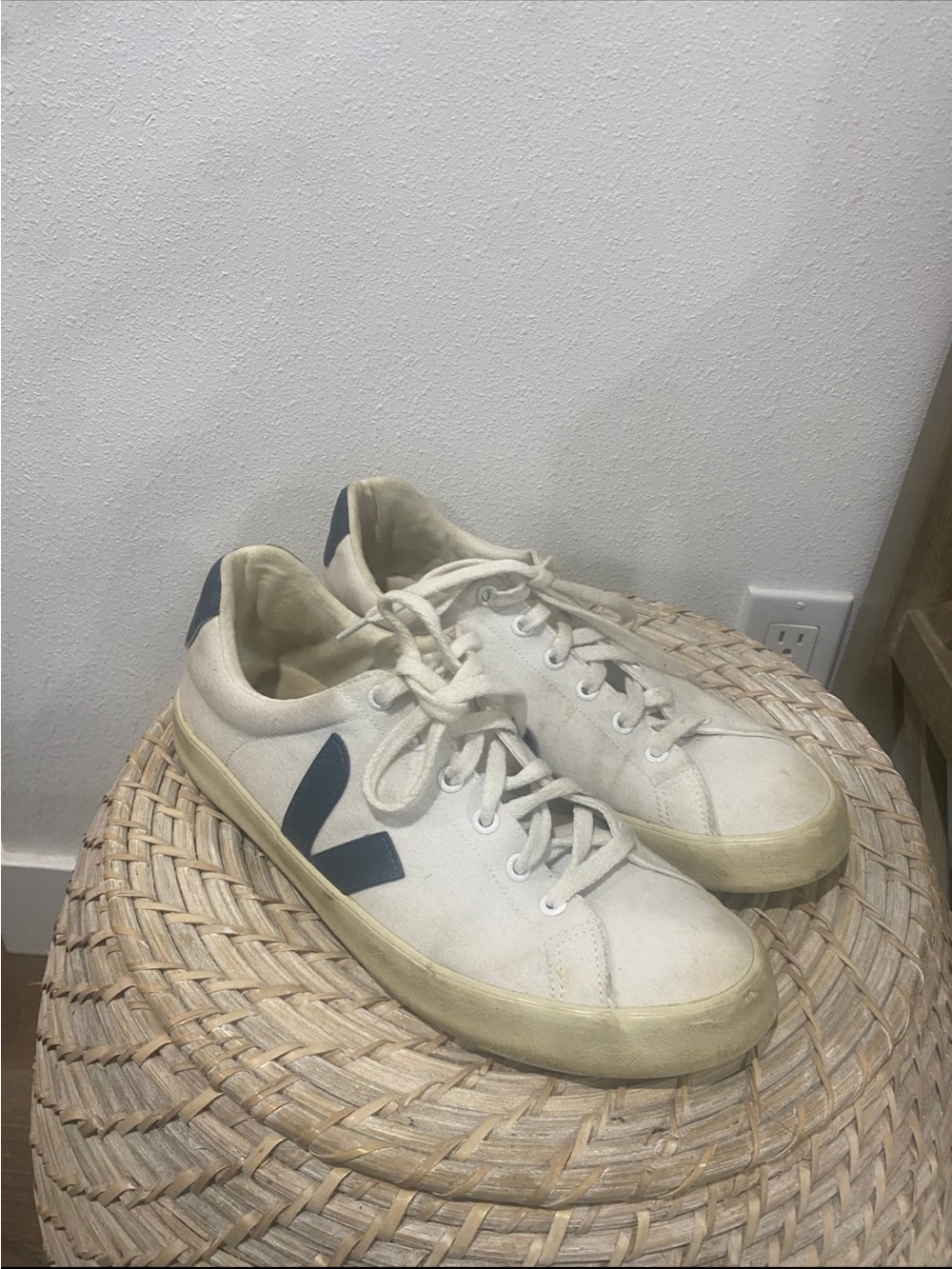 Veja White Low-Top Sneakers with Navy V Detail